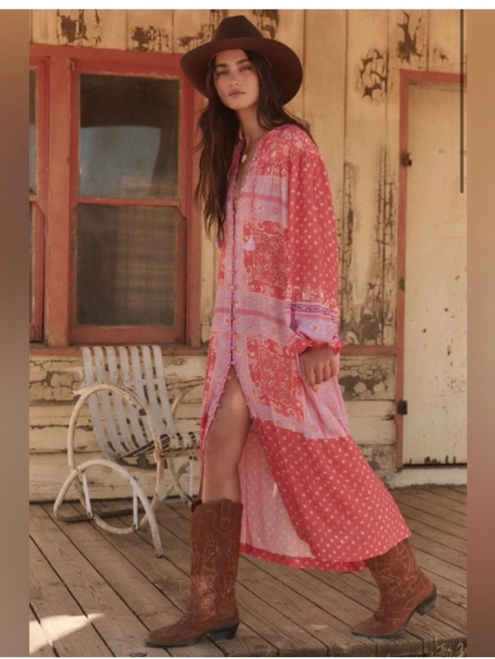 Spell Coral and Pink Patchwork Midi Dress color Cayenne